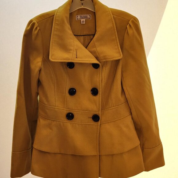 Decree Brown Mustard Peacoat Jacket Size M Double-Breasted Ruffle Hem Retro Mod - Picture 1 of 10